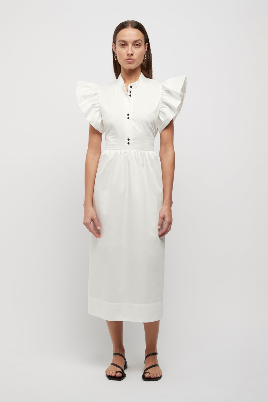 Women Friend of Audrey | Fioretta Frill Sleeve Midi Dress White