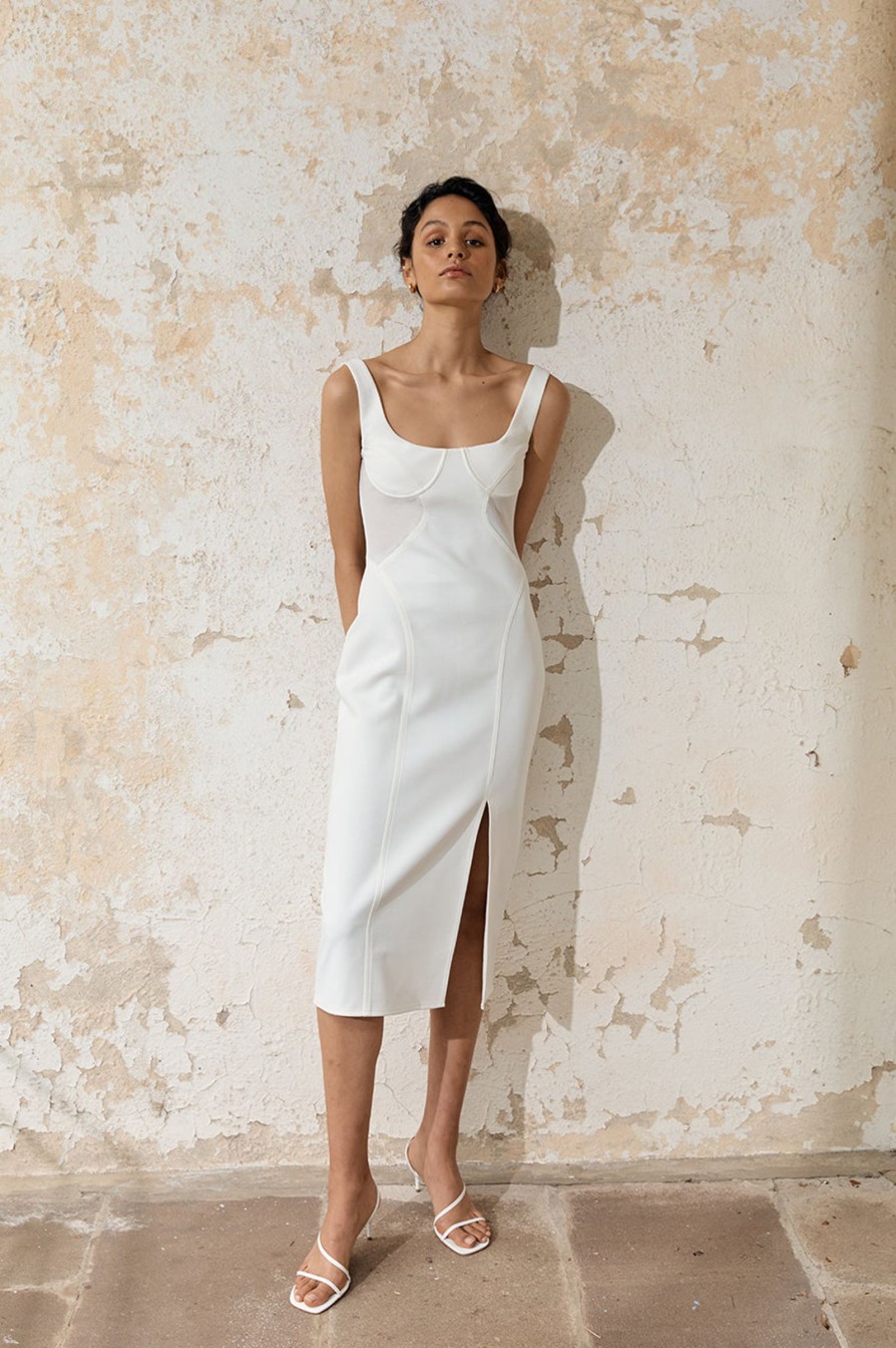 Women Friend of Audrey | Allure Sheer Panel Midi Dress White