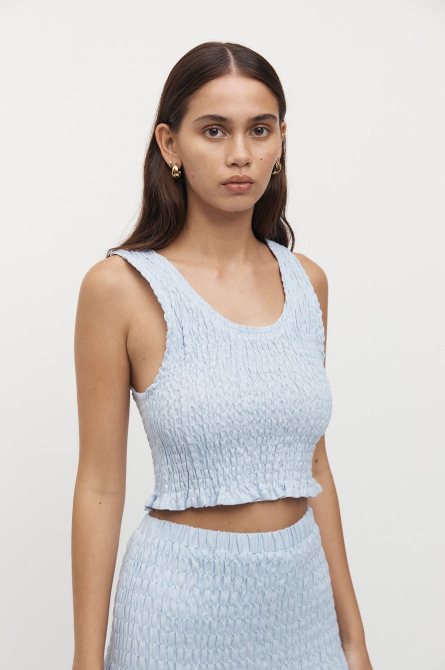 Women Friend of Audrey | Eze Shirred Linen Crop Top Sky