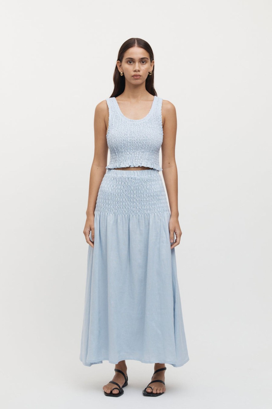 Women Friend of Audrey | Eze Shirred Linen Midi Skirt Sky