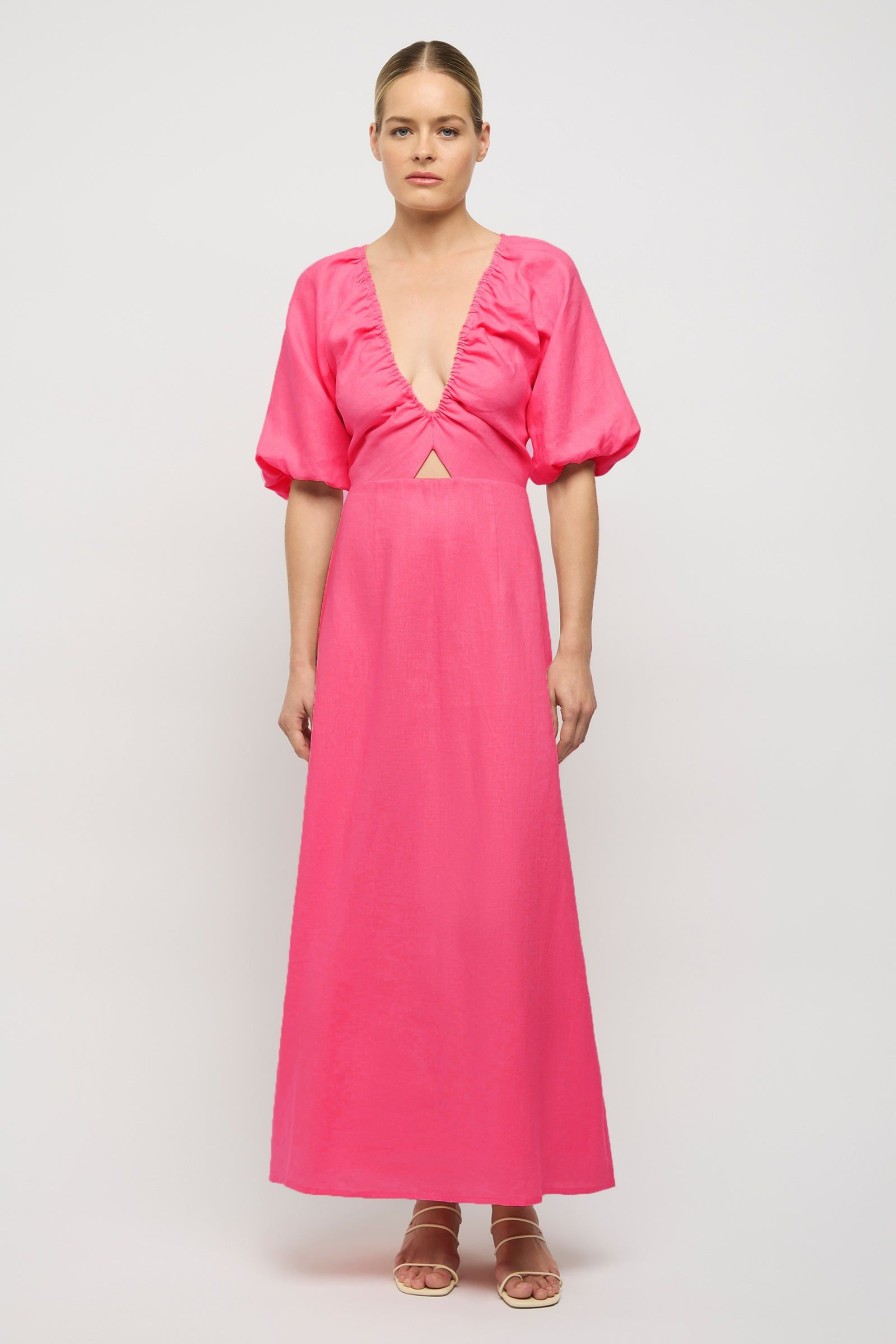 Women Friend of Audrey | Thea Linen Balloon Sleeve Dress Hot Pink